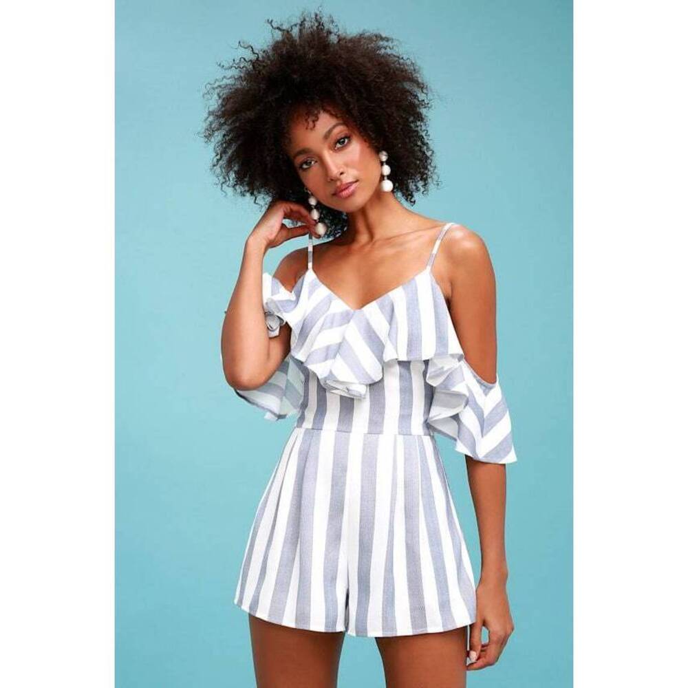 Lulus Beach House Blue And White Striped Off-the-shoulder Romper - Size XS